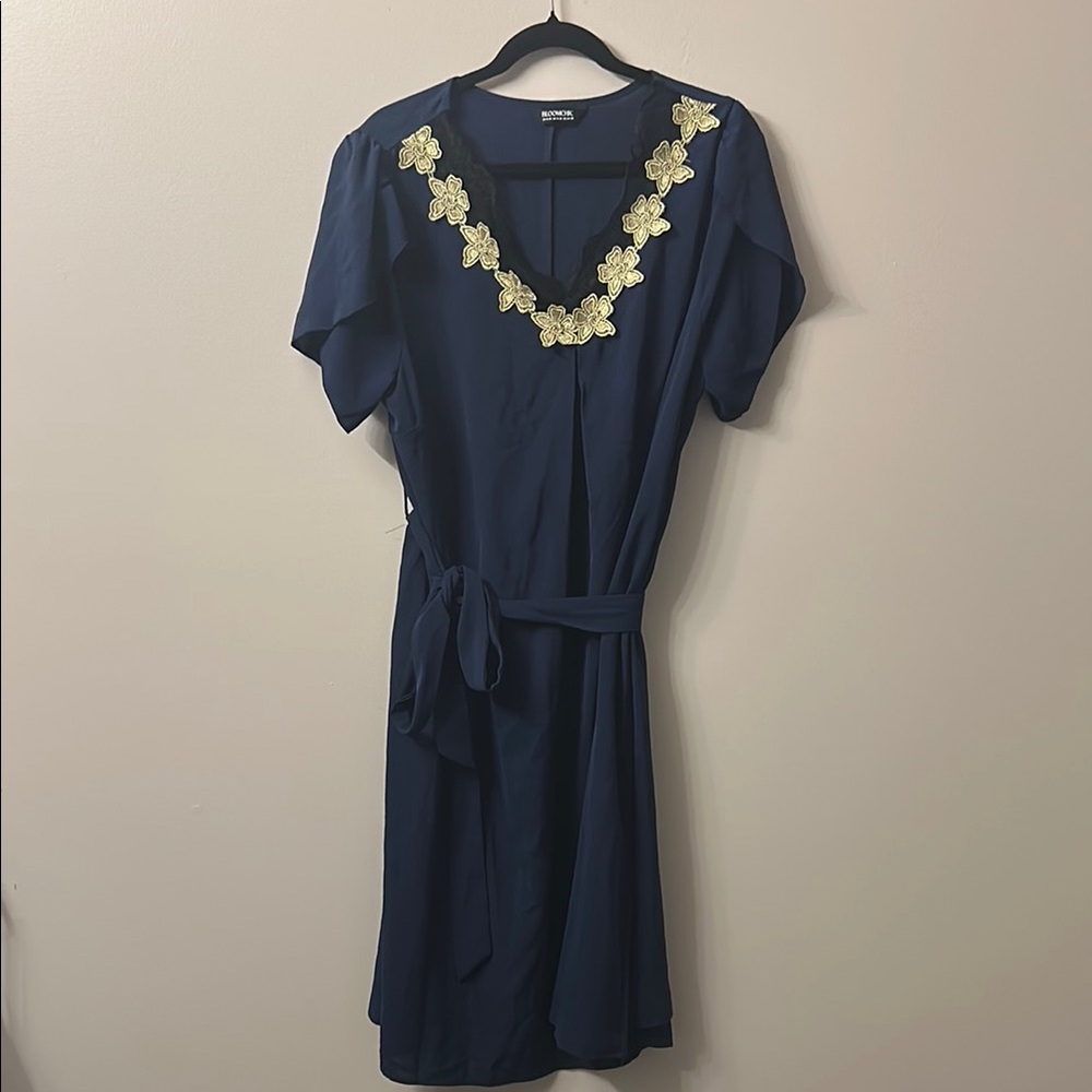 BloomChic Blue Flutter Sleeve Tie Front Midi Dress